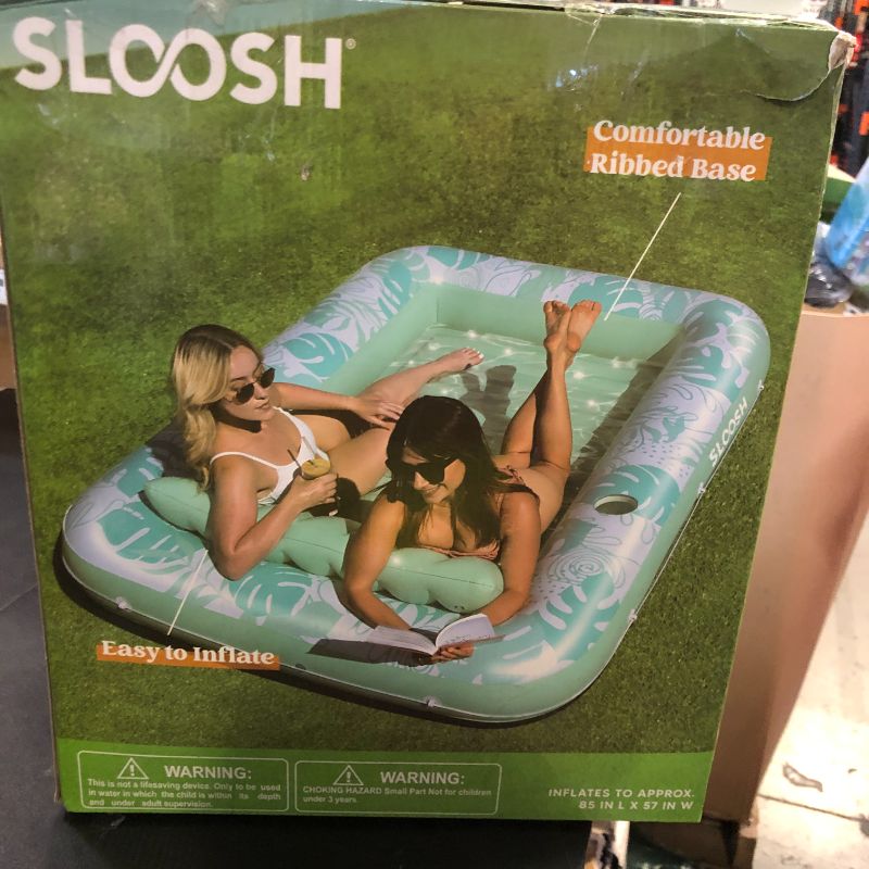 Photo 1 of SLOOSH Inflatable Tanning Pool Lounger Float,85" x 57" Extra Large Pool Floats Adult with Pillow,4 in 1 Suntan Tub Raft Floatie,Sunbathing Bed Lounge Blow Up Ball Pit Party Gifts,XL-Cyan White