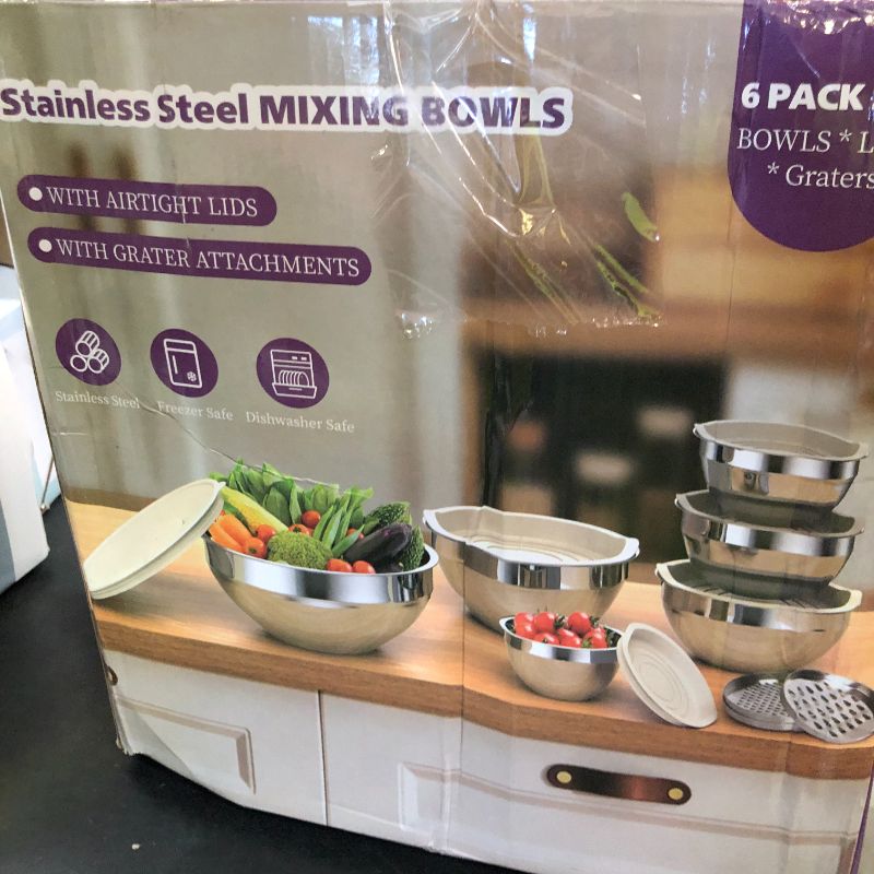 Photo 1 of Winproper Mixing Bowls with Lids Set, 6 PCS Stainless Steel Mixing Bowls with 3 Grater Attachments, Kitchen Food Storage Organizers Nesting Mixing Bowl, Large Size 4.5, 3.5, 2.1, 1.5, 1.1, 0.7QT-Black