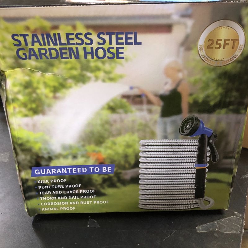 Photo 1 of Garden Hose, Stainless Steel Metal Water Hose with 10 Function Nozzle, Lightweight Hose, No Kink, Leak-proof, Puncture Resistant for Yard, Outdoor, RV(25 ft)