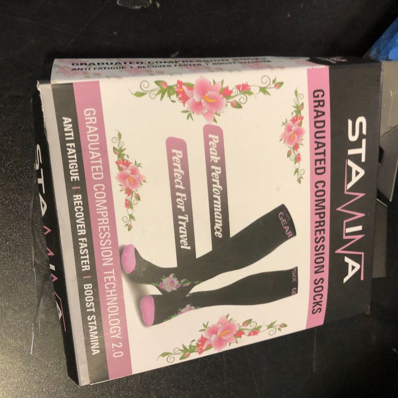 Photo 1 of Physix Gear Compression Socks - Best Men & Womens Compression Socks for Circulation, Running, Nurses, Athletic Use Sock Compression, Blood Pressure Socks, Calcetines de, Black/Pink Flower, L/XL