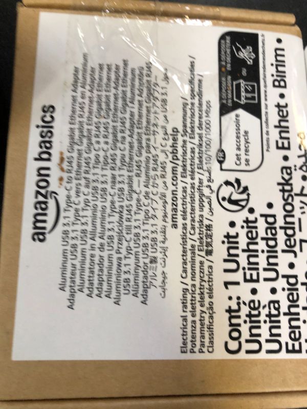 Photo 1 of Amazon Basics Aluminum USB-C to RJ45 Gigabit Ethernet Adapter, Fast Network, Grey, 2.07 x 0.81 x 0.6 inches
