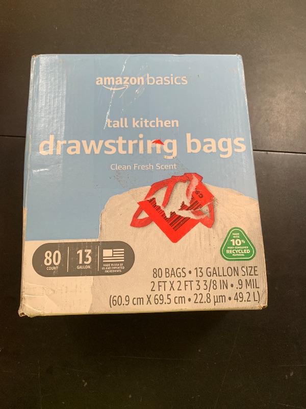 Photo 1 of Amazon Basics 13 Gallon Tall Kitchen Drawstring Trash Bags, Clean Fresh Scent, 10% Post Consumer Recycled, 80 count