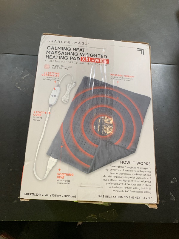 Photo 1 of Calming Heat XXL-Wide Massaging Weighted Heating Pad by Sharper Image- Electric Heating Pad with Massaging Vibrations, Auto-Off, 12 Settings- 3 Heat, 9 Massage- 27 Relaxing Combos, 20” x 24”, 5 lbs