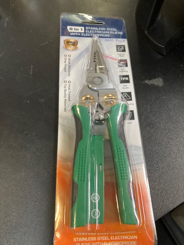Photo 1 of GADO Pro 8-in-1 Wire Crimper Stripper with Voltage Detector & Dual Alarms - Heavy Duty 12-250V AC/DC Tester for Hot/Neutral Wires - Electrician, HVAC, Car Repair Tool (Green)
