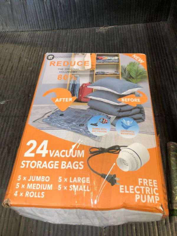 Photo 1 of 24 Pack Vacuum Storage Bags with Electric Pump, (5 Jumbo, 5 Large, 5 Medium, 5 Small, 4 Roll Up Bags) Space Saver Bag for Clothes, Mattress, Blanket, Duvets, Pillows, Comforters,Travel