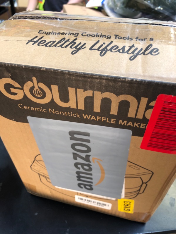 Photo 1 of Gourmia Belgian Waffle Maker – Compact Design with Upright Storage, Adjustable Browning, and Easy-Clean Nonstick Ceramic Plates, Stainless Steel