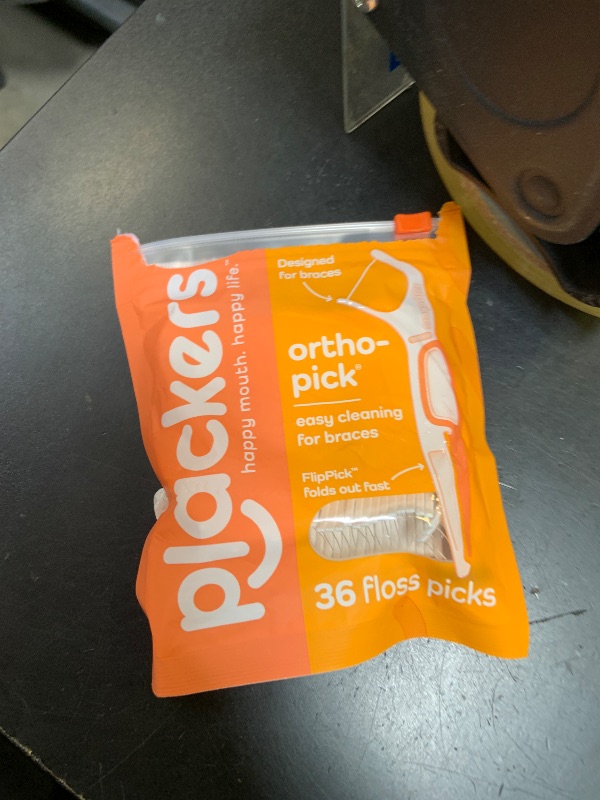 Photo 1 of Plackers Orthopick Floss Picks, Unflavored, Designed for Braces, Fold-Out FlipPick, Tuffloss, Easy Storage with Sure-Zip Seal, 36 Count
