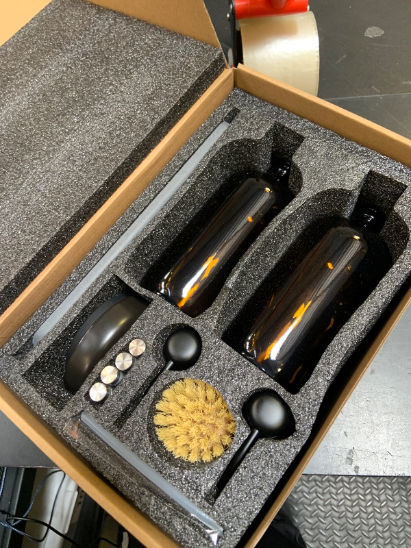 Photo 1 of [Luxury] Kitchen Soap Dispenser Set - 16OZ Amber Glass Bottle, Stainless Steel Pump, Instant Dry Tray, Waterproof Labels, Non-Slip Silicone Pad, and Dish Brush | Upgrade for Your Kitchen and Bathroom