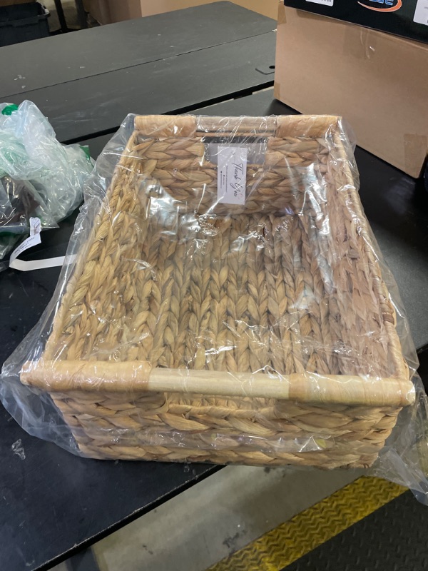 Photo 1 of VATIMA Hyacinth Large Wicker Basket 15.5x10.8x6.2" - Rectangular, Wooden Handles, Shelf Organizer