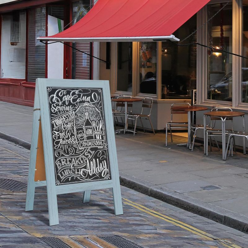 Photo 1 of TEAKMAMA A Frame Chalkboard 40x20 Standing Chalkboard Sign Chalk Board Sandwich Board Easel, Double Sided Blackboard for Business, Cafe, Weddings,Rustic Blue
