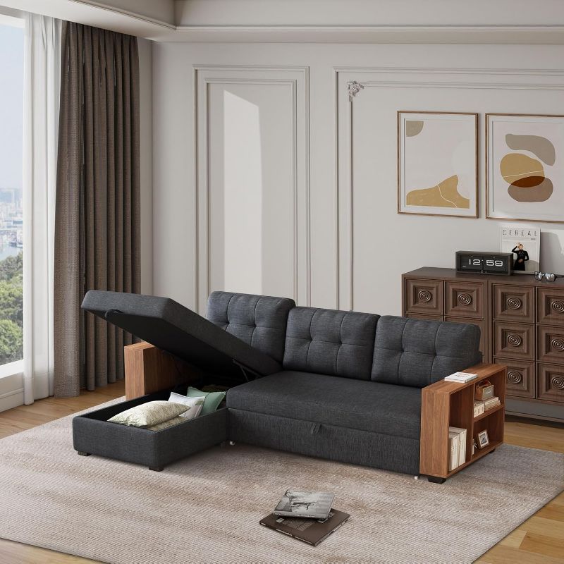Photo 1 of Ball & Cast 84" Convertible L Shaped Sofa with Storage Chaise and Pull-Out Bed,Wood Sectional Corner Couch w/Cabinet Armrests & 3 Removable Back Cushions,for Living Room,Office,Apartment,Dark Grey
