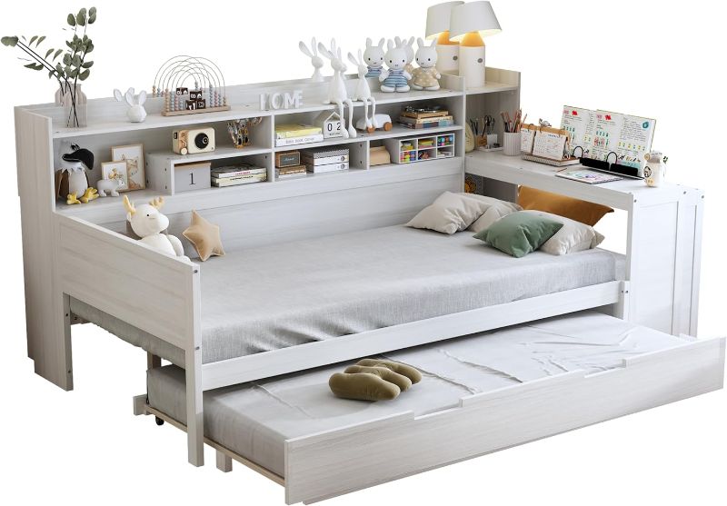 Photo 1 of Daybed with Storage Shelves, Multi-Functional Wooden Bed with Twin Size Trundle Bed and Study Desk for Bedroom (Antique White, Twin)
