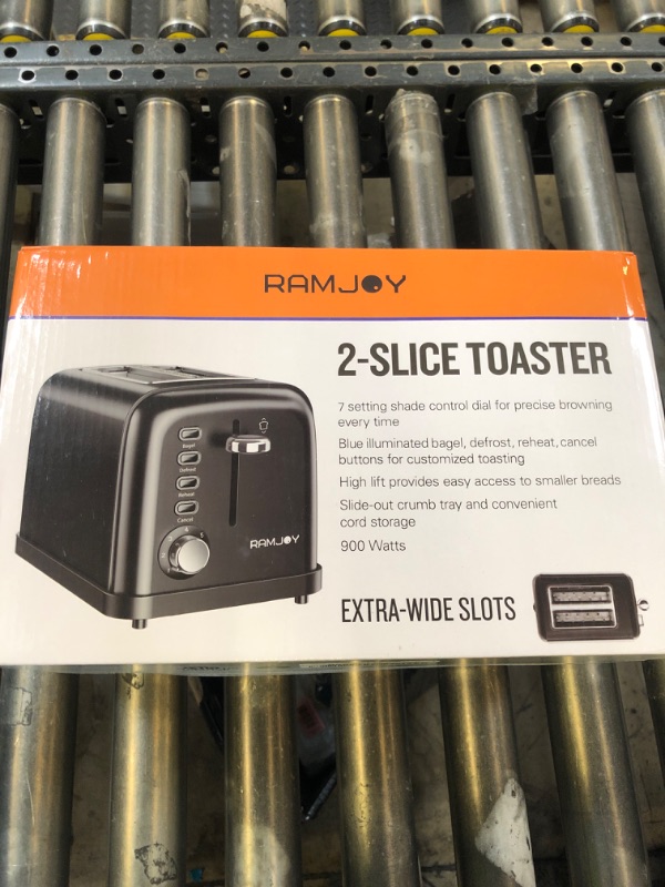 Photo 1 of RAMJOY Black Toaster 2 Slice, Extra Wide Slot Toaster for Bagels, Bread, Waffles, 7 Shade Settings, 4 Main Functions, Removable Crumb Tray, 900 Watts Toasters, Black Stainless Steel