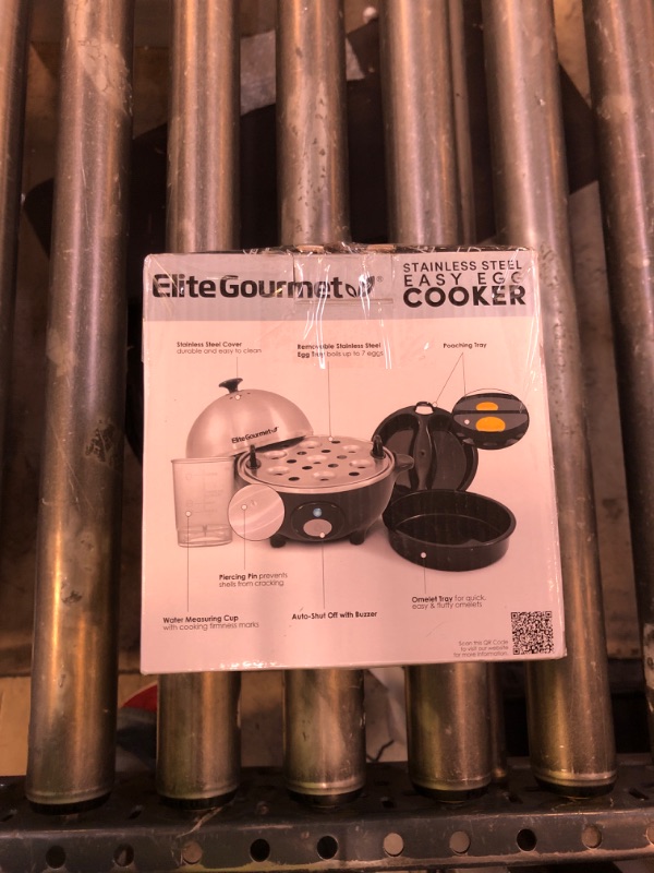 Photo 1 of Elite Gourmet EGC-508 Rapid Egg Cooker, 7 Easy-To-Peel, Hard, Medium, Soft Boiled Eggs, Poacher, Omelet Maker, Auto Shut-Off, Alarm, 16-Recipe Booklet, Stainless Steel