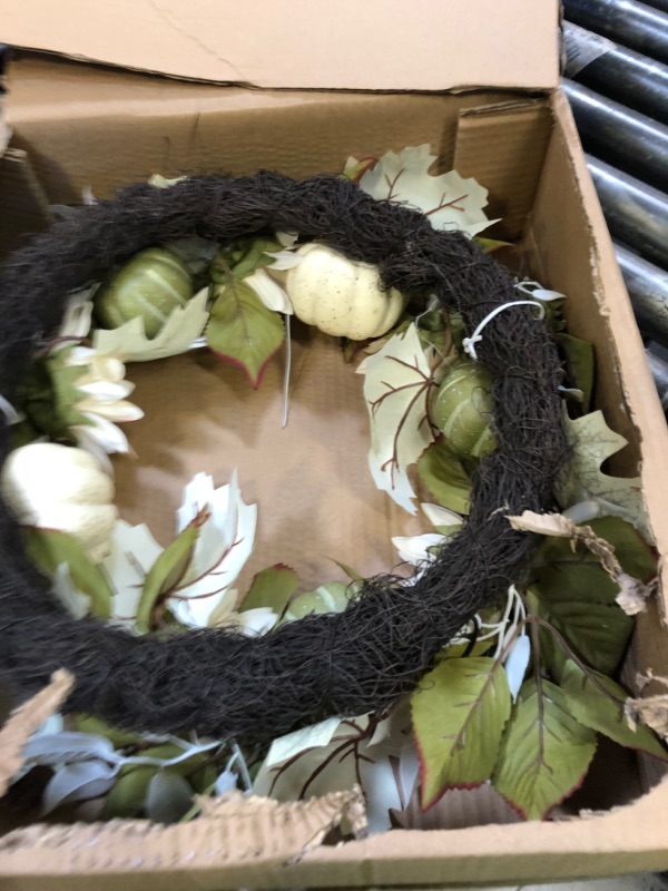 Photo 1 of 20-Inch Fall Wreath for Front Door, Decorative Wreath with White and Green Pumpkins, Sunflowers, and Greenery, Perfect for Autumn Decor, Thanksgiving, and Indoor/Outdoor Use