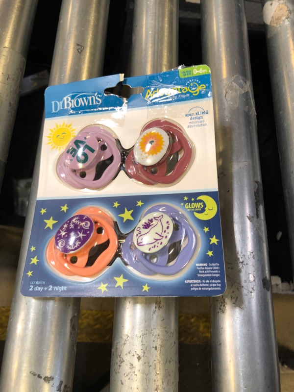 Photo 1 of Dr. Brown's Advantage Glow-in-the-Dark Baby Pacifier, Fully Symmetrical Soother with Soft Silicone Bulb, Lavender Love-Coral Ocean, 0-6m, BPA Free, 4 Pack