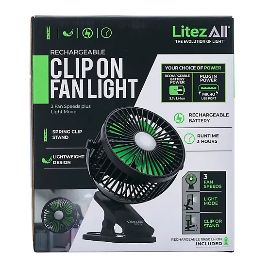 Photo 1 of LitezAll 27915 Rechargeable Clip On Fan with Light