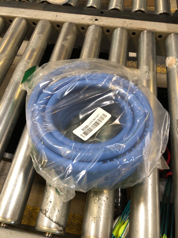 Photo 1 of Air Compressor Hose 3/8 in x 25 ft, 300 PSI Heavy Duty Hybrid Air Hose with Quick Coupler and Plug Kit, Lightweight, Kink Resistant, All Weather Flexibility with Bend Restrictors, Blue