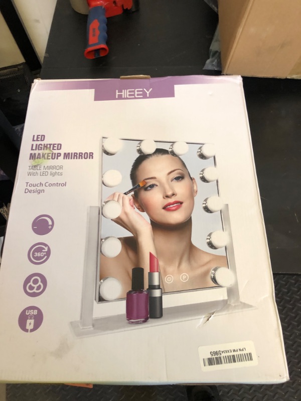 Photo 1 of HIEEY Hollywood Vanity Mirror with 14 Dimmable Bulbs Lights, Three Color Lighting Modes, and 5X Magnification, Smart Touch Control, 360°Rotation (White,Gift Box)