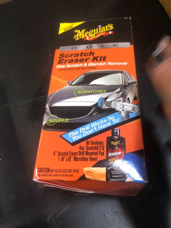 Photo 1 of Meguiar's Quik Scratch Eraser Kit, Car Scratch Remover for Repairing Surface Blemishes, Car Care Kit with ScratchX, Drill-Mounted Pad, and Microfiber Towel, 4 Count