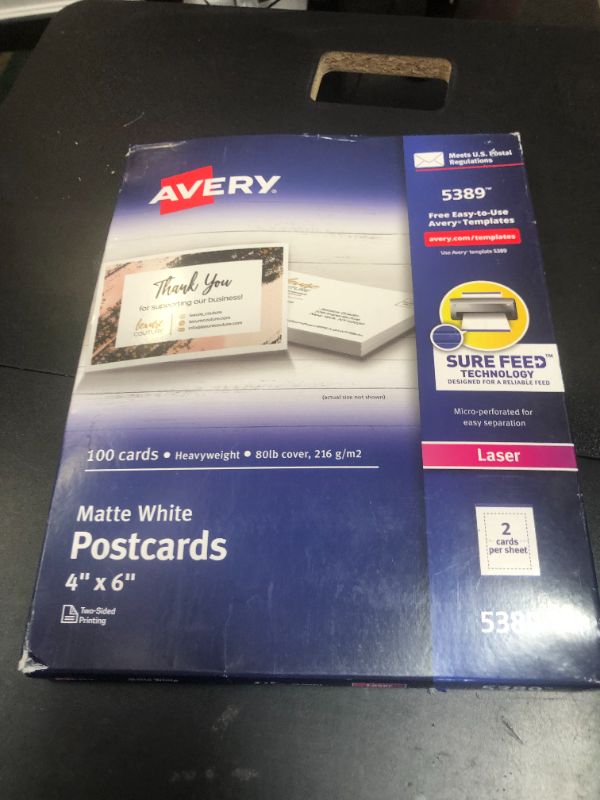 Photo 1 of Avery Printable Postcards with Sure Feed Technology, 4" x 6", White, 100 Blank Postcards for Laser Printers (5389)