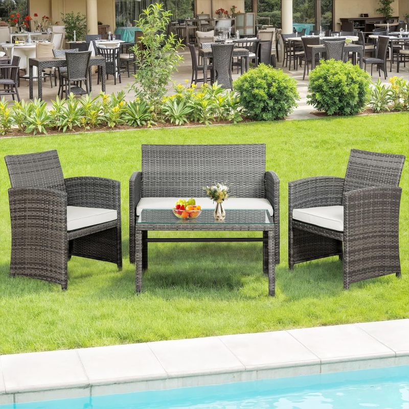 Photo 1 of SUNLEI 4 Piece Outdoor Patio Furniture Set, Rattan Chair Wicker Conversation Set, Backyard Porch Garden Poolside Gray Rattan Sofa Chair with Cushion for Outdoor Indoor Use (White)
