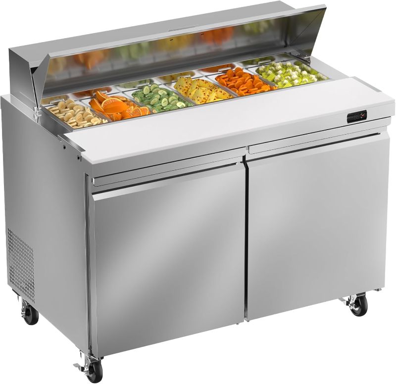 Photo 1 of 48" W Commercial Sandwich Salad Prep Table Refrigerator, 13.8 Cu.ft 2 Door Stainless Steel Commercial Kitchen Refrigerated Equipment with 12 Pans for Restaurant, Bar, Shop, etc.
