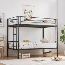 Photo 1 of Bunk Bed Metal Twin Over Twin, Industrial Bunkbeds with Ladder and Full-Length Guardrail, Black - Platform Bed Frame