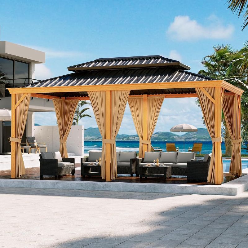 Photo 1 of Garvee 12x20ft Hardtop Gazebo, Outdoor Heavy Duty Galvanized Aluminum Framed Double Roof Pavilion with Netting & Curtains, Faux Wood Grain Metal Roof Gazebo for Backyard, Patio, Deck & Poolside, Brown BOX 3 OF 6
