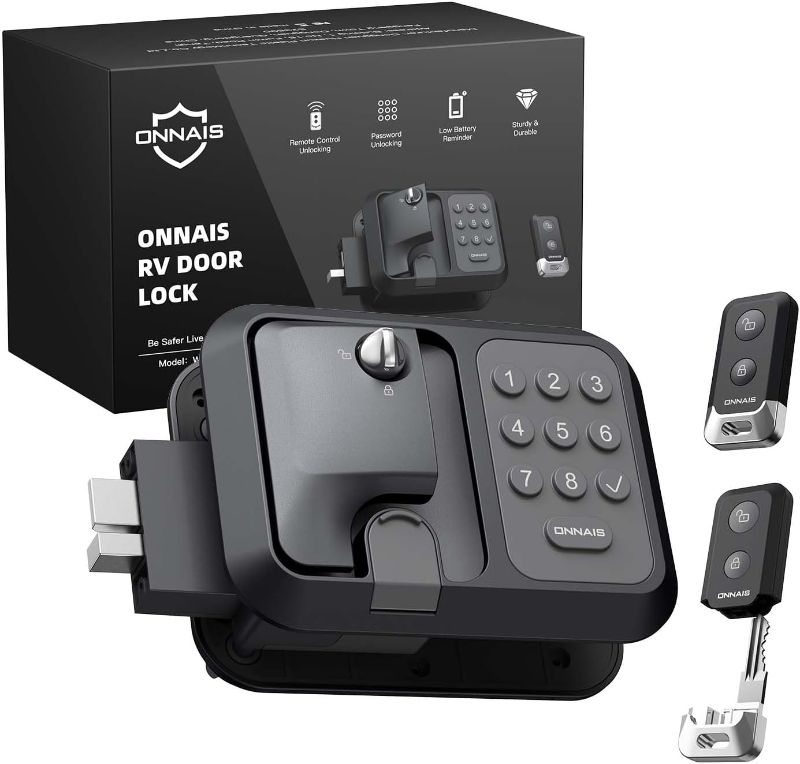 Photo 1 of ONNAIS Full Metal RV Keyless Entry Door Lock with Password & Remote, Trailer & Camper Door Lock Replacement, Versatile Latch for RVs
