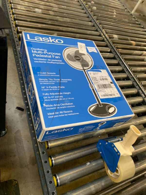Photo 1 of Lasko 16-inch 3-Speed Oscillating Floor Fan with Adjustable Height, Tilt-Back Head, Widespread Oscillation, and Patented Blue Plug Safety Fuse - Black
