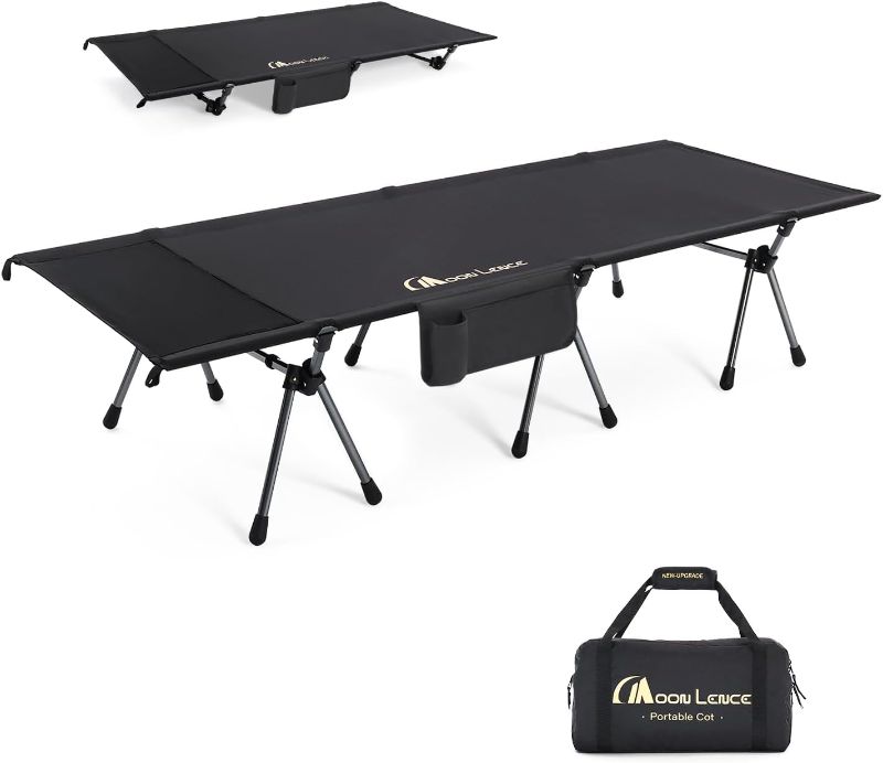 Photo 1 of MOON LENCE Height Adjustable Camping Cot - Supports 330 lbs, Portable Folding Bed with Leg Extenders for Camping, Hiking, Sleeping, 1 Pack, Black
