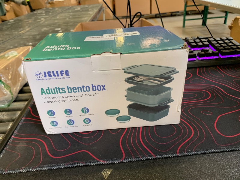 Photo 1 of Jelife Adult Bento Box Lunch Box - Large Style Stackable Bento Lunch Box for Adults, 72oz All-in-One 3 Layers Bento Boxes Leak-Proof Lunchbox with Utensil Sauce Containers for Dining Out,Work, Black