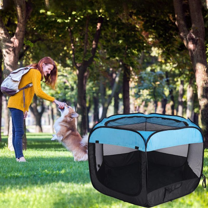 Photo 1 of Portable Dog Playpen Cat Tent,Pop Up Playpen for Small Middle Dogs Cats Pet Tent Playground,Indoor Outdoor,37x37x24,Blue/Black,1Pack

