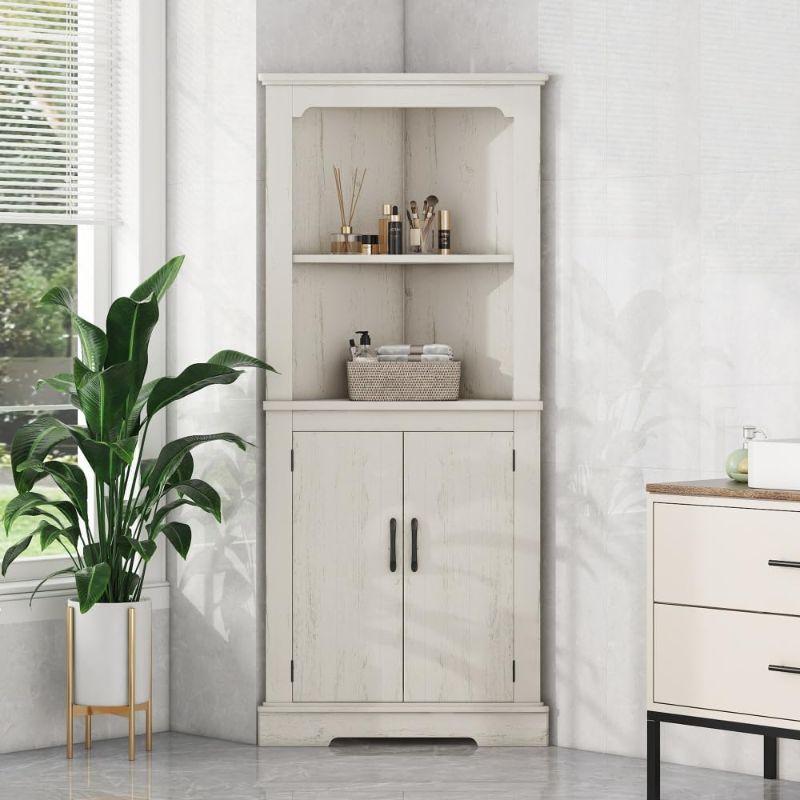 Photo 1 of Tall Corner Cabinet with Doors for Living Room, Bathroom,Dining Room or Kitchen,Color:Wood Grain Beige/Marble
