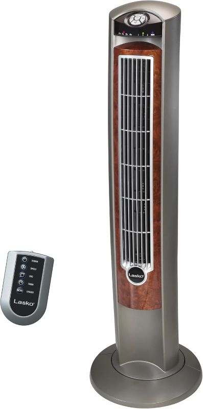Photo 1 of Lasko Wind Curve Oscillating Tower Fan, Fresh Air Ionizer, Timer, Remote Control, Portable Electric Fan for Indoor, Bedroom and Home Office Use, 42", Silverwood 2554

