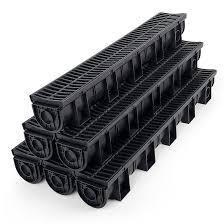 Photo 1 of Trench Drain System 6-Pack, HDPE Channel Drain with Grate - Garden, Driveway, Yard, Patio, Pool Drainage - 5.9x5.1x39.4 Inch Black
