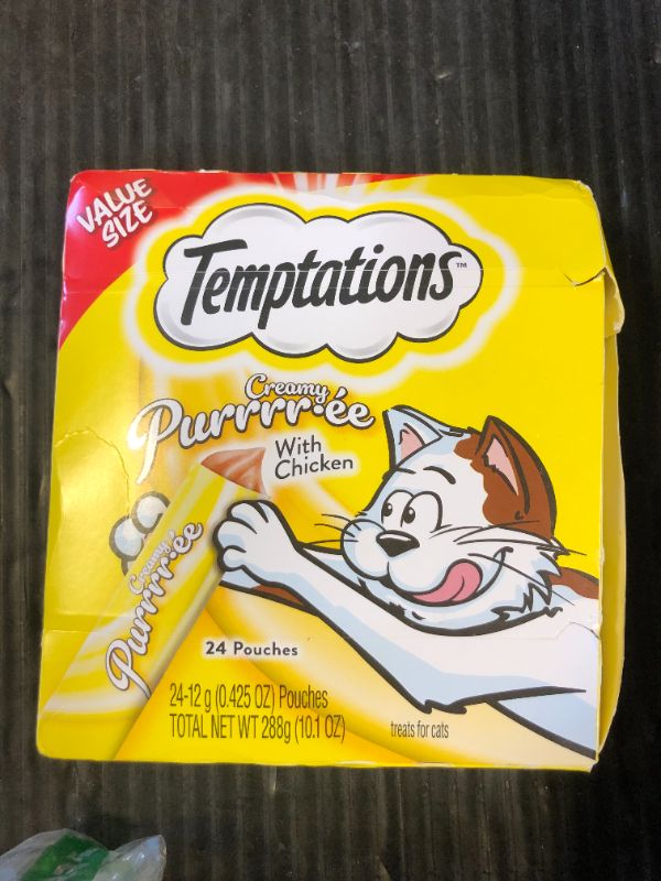 Photo 1 of Temptations Creamy Puree Squeezable Lickable Wet Cat Treats with Chicken, 0.42 oz. Tubes, 24 Count BB 12/16/2026