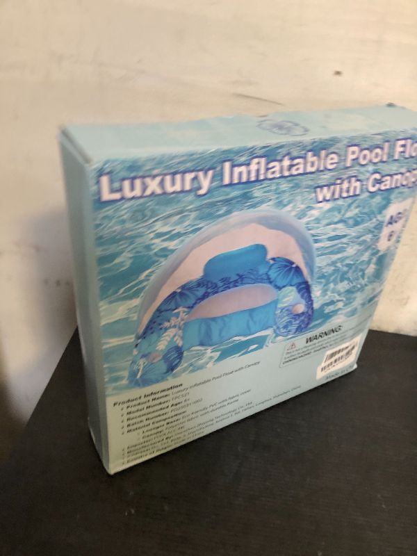 Photo 1 of Inflatable Fabric Covered Pool Float Adult with UPF50+ Sunshade Canopy & Cup Holders,Large Water Lounger Float Recliner Chair for Pool Party Lake Beach-Blue