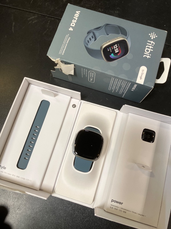 Photo 1 of Fitbit Versa 4 Fitness Smartwatch with Daily Readiness, GPS, 24/7 Heart Rate, 40+ Exercise Modes, Sleep Tracking and more, Waterfall Blue/Platinum, One Size (S & L Bands Included)