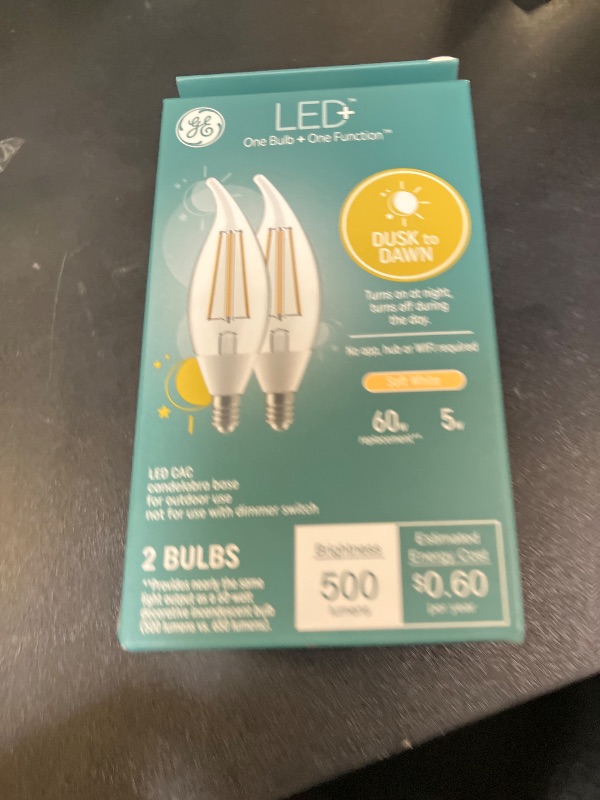 Photo 1 of GE LED+ Dusk to Dawn LED Light Bulbs, Automatic On/Off Outdoor Security Lights, Soft White, E12 Candelabra Base (2 Pack)
