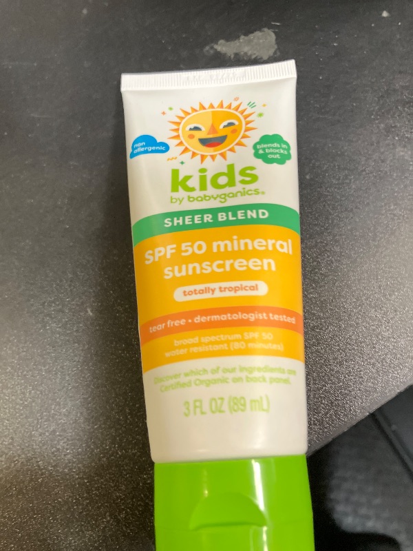 Photo 1 of Babyganics SPF 50 Mineral Sunscreen Lotion, Sheer Blend, UVA UVB Protection, Octinoxate & Oxybenzone Free, Water Resistant, Totally Tropical, 3 oz