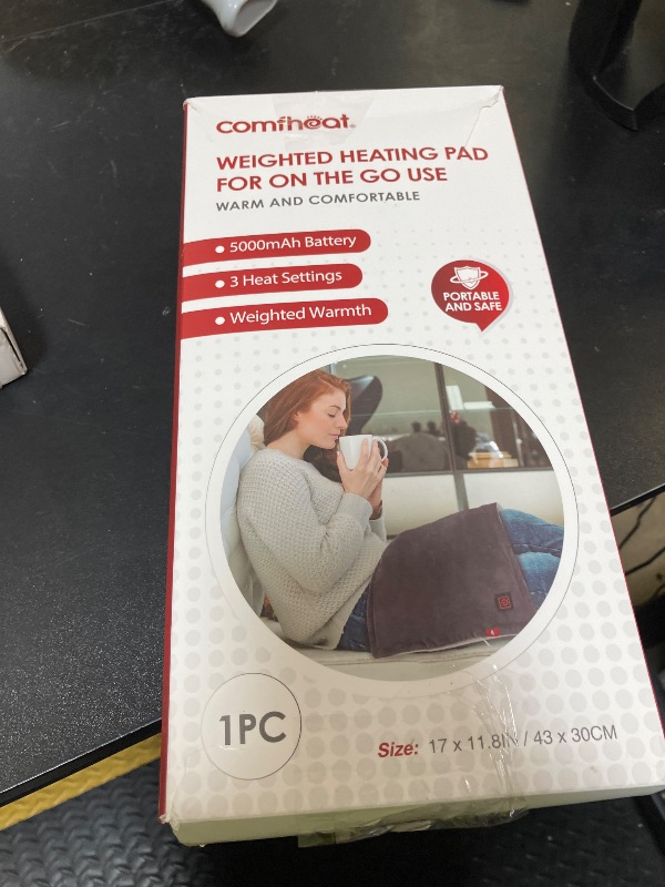 Photo 1 of comfheat Portable Heating Pad with 5000mAh Battery, 1.7LB Weighted Heat Pad Rechargeable for 1-3H Warmth Outdoor Travel, 3 Heat Settings, 12" x 16", Grey