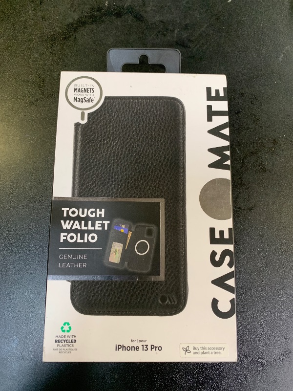 Photo 1 of Case-Mate Wallet Folio iPhone 13 Pro Case - Black [10FT Drop Protection] [Compatible with MagSafe] Flip Folio Shockproof Cover Made with Genuine Pebbled Leather, Landscape Stand, Cash & Card Holder