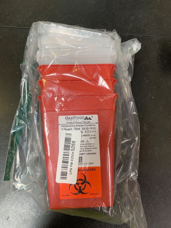 Photo 1 of Oakridge Products Sharps Container for Home Use and Professional 1 Quart (3-Pack), Biohazard Needle and Syringe Disposal, Small Portable Container for Travel, CDC Certified