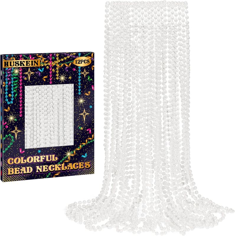 Photo 1 of 12 PCS Mardi Gras Beads Bulk, 33" White Beads Necklaces, Mardi Gras Beaded Accessories Parade Throws Accessory Set, White Beads for Wedding Carnival Baby Shower Party Favors Supplies
