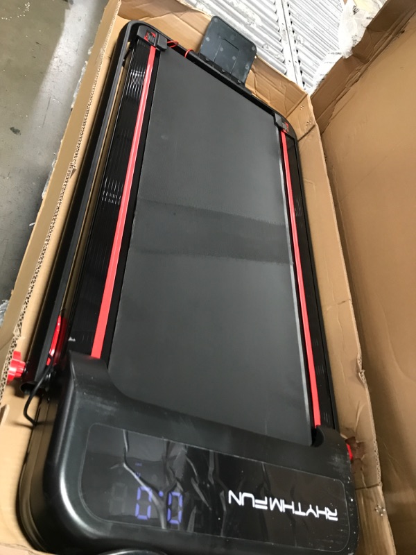 Photo 1 of RHYTHM FUN Incline Foldable Treadmill, Walking Pad with Handle Bar 3 Level Incline, 300 Lbs Portable Treadmill for Home Office, Under Desk Compact Treadmill with LED Display & APP