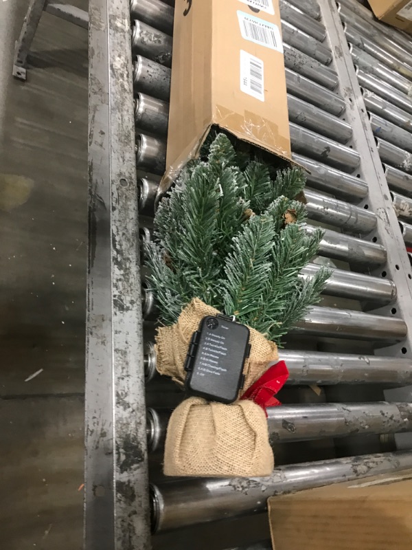 Photo 1 of 2 ft Mini Christmas Trees with Red Bow Base, 25 F5 LED Lights, 24" Decorated Burlap Artificial Tabletop Christmas Trees with Flocked Pine Cones