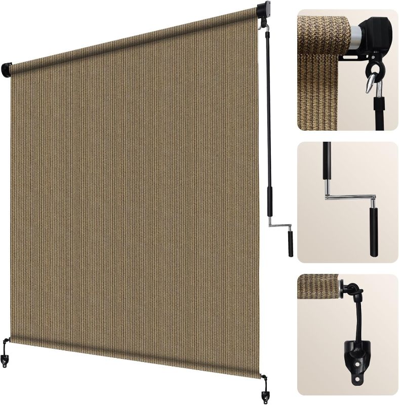 Photo 1 of Artpuch Outdoor Roller Shade 8'(W) x6'(H) Fabric Blind Walnut 220GSM Roll Up Shade, Wand Operation Exterior Roller Shade Cloth 