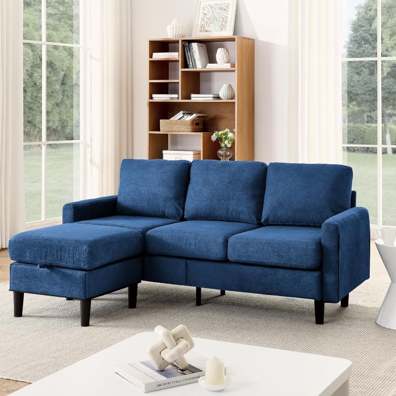 Photo 1 of *NO LEGS//COLOR FADED*L Shape Sofa Couch Modern Upholstered 3-Seater Sofa with Storage Reversible Ottoman, Convertible Combination Sofa for Living Room, Bedroom (Navy Blue)
